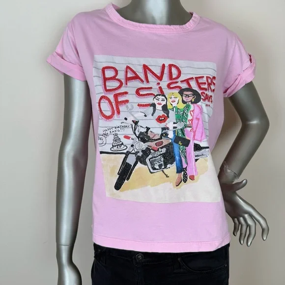 Zadig Voltaire XS Band of Sisters Rhinestone Pink Graphic Short Sleeve Boxy Tee - Picture 1 of 9